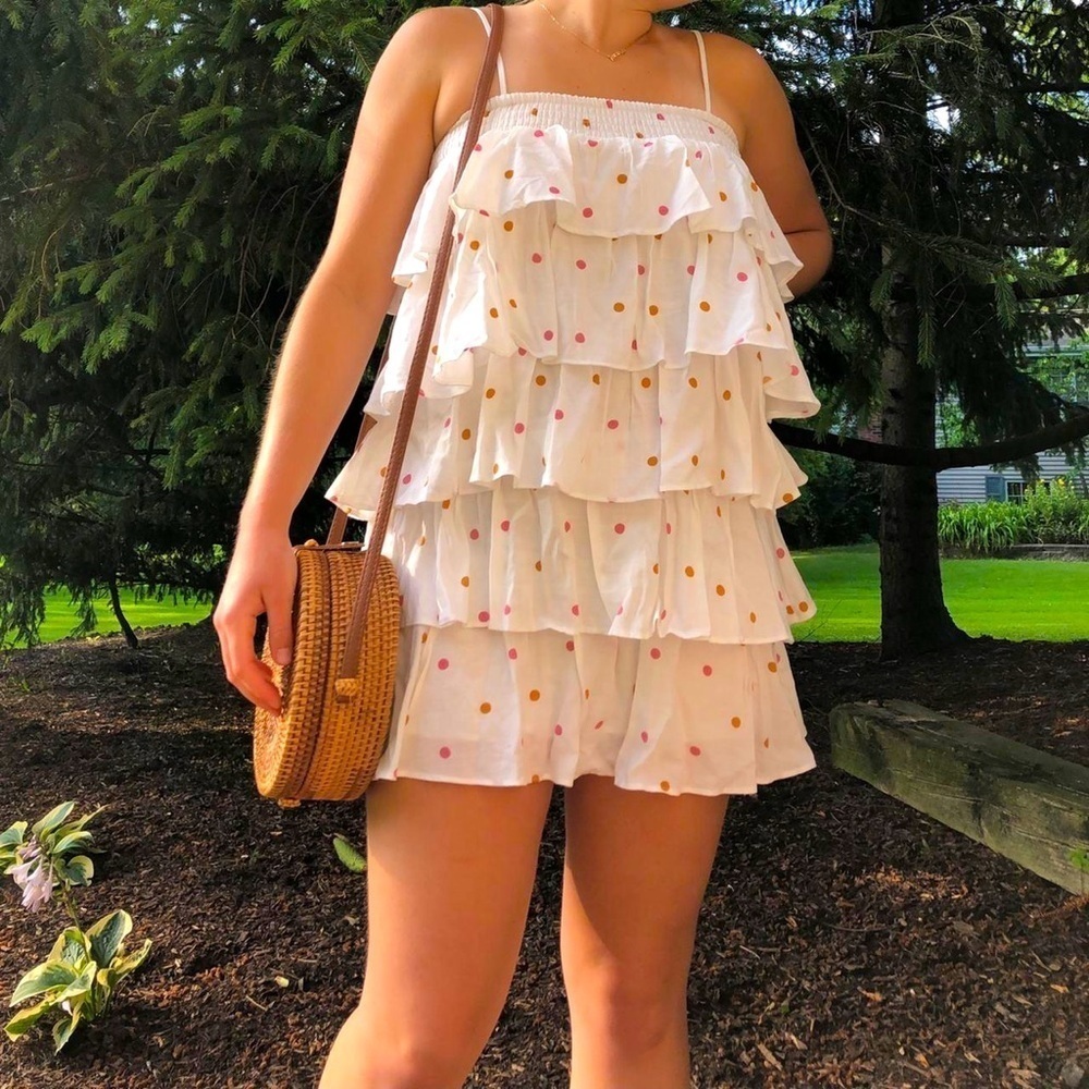 OLIVACEIOUS Ruffled Tiered White Gold Dots Mini Dress